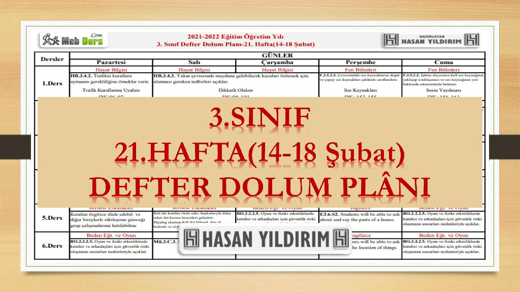 3.Sınıf 21.Hafta(14-18 Şubat) Defter Dolum Planı