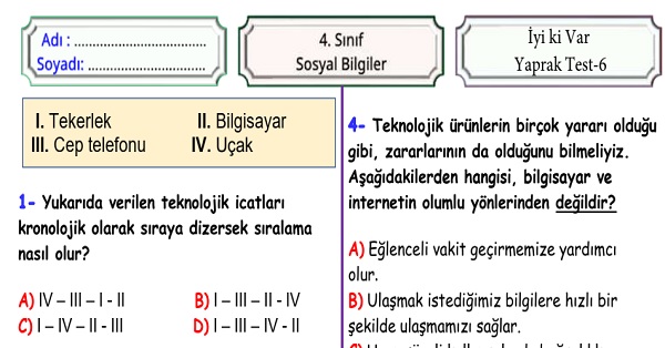 4.Sınıf Sosyal Bilgiler İyi ki Var Ünitesi Yaprak Test 6