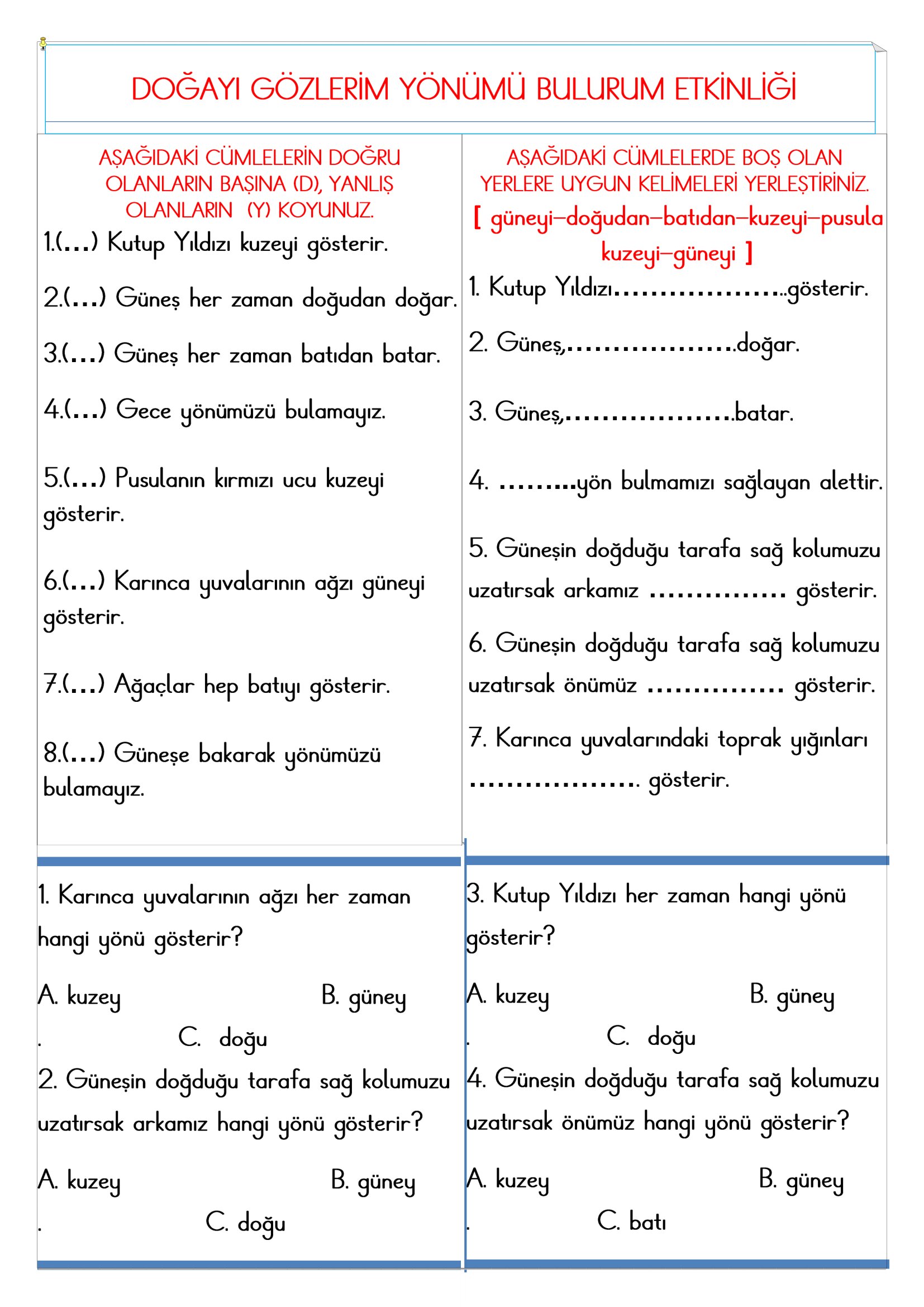 2.Sınıf - Hayat Bilgisi Doğayı Gözlerim Yönümü Bulurum Etkinliği