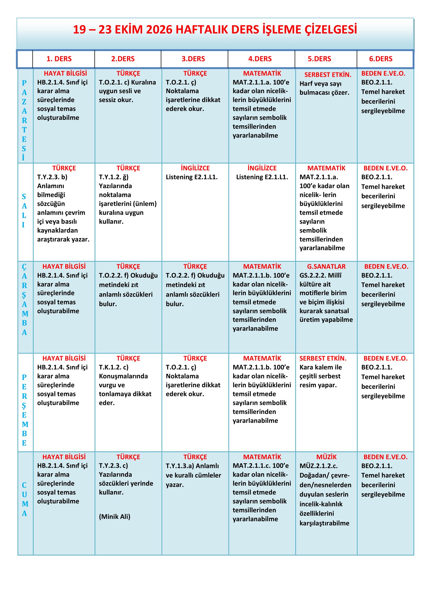 2.Sınıf 19 -  23 Ekim 2026 Haftalık Ders İşleme Çizelgesi