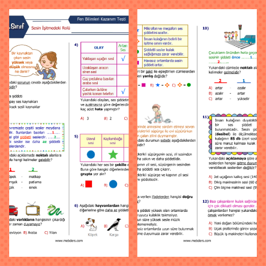 3. Sınıf Fen Bilimleri Sesin İşitmedeki Rolü-1 Kazanım Testi