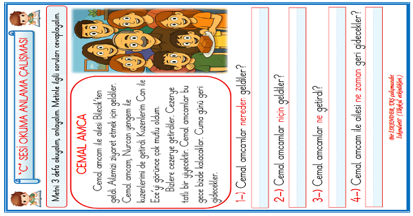 1. Sınıf İlk Okuma Yazma C Sesi Okuma Anlama Etkinliği