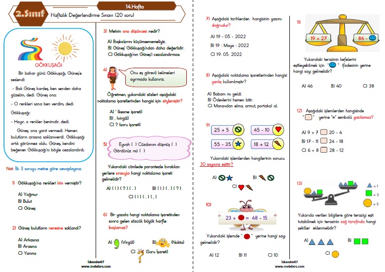 2.Sınıf Haftalık Değerlendirme Testi - 14.Hafta (19-23 Aralık)