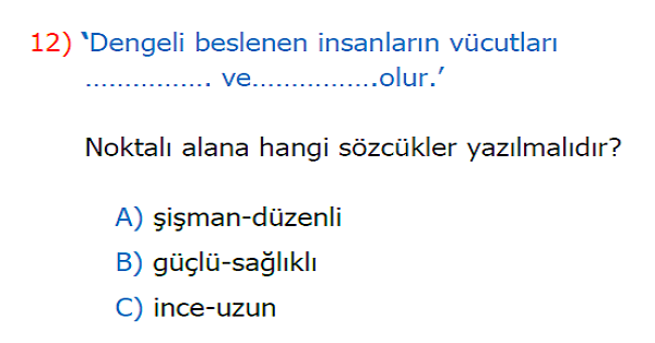 2.Sınıf Hayat Bilgisi Sağlıklı Büyüyelim Kazanım Testi