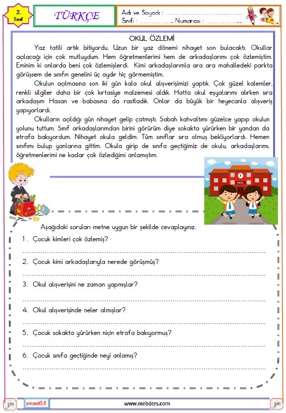 2. Sınıf Türkçe Okuma ve Anlama Metni Etkinliği (Okul Özlemi)