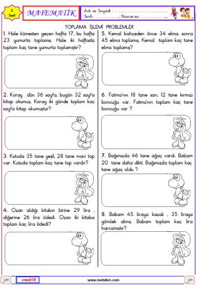 2. Sınıf Matematik Toplama İşlemi Problemler Etkinliği 1