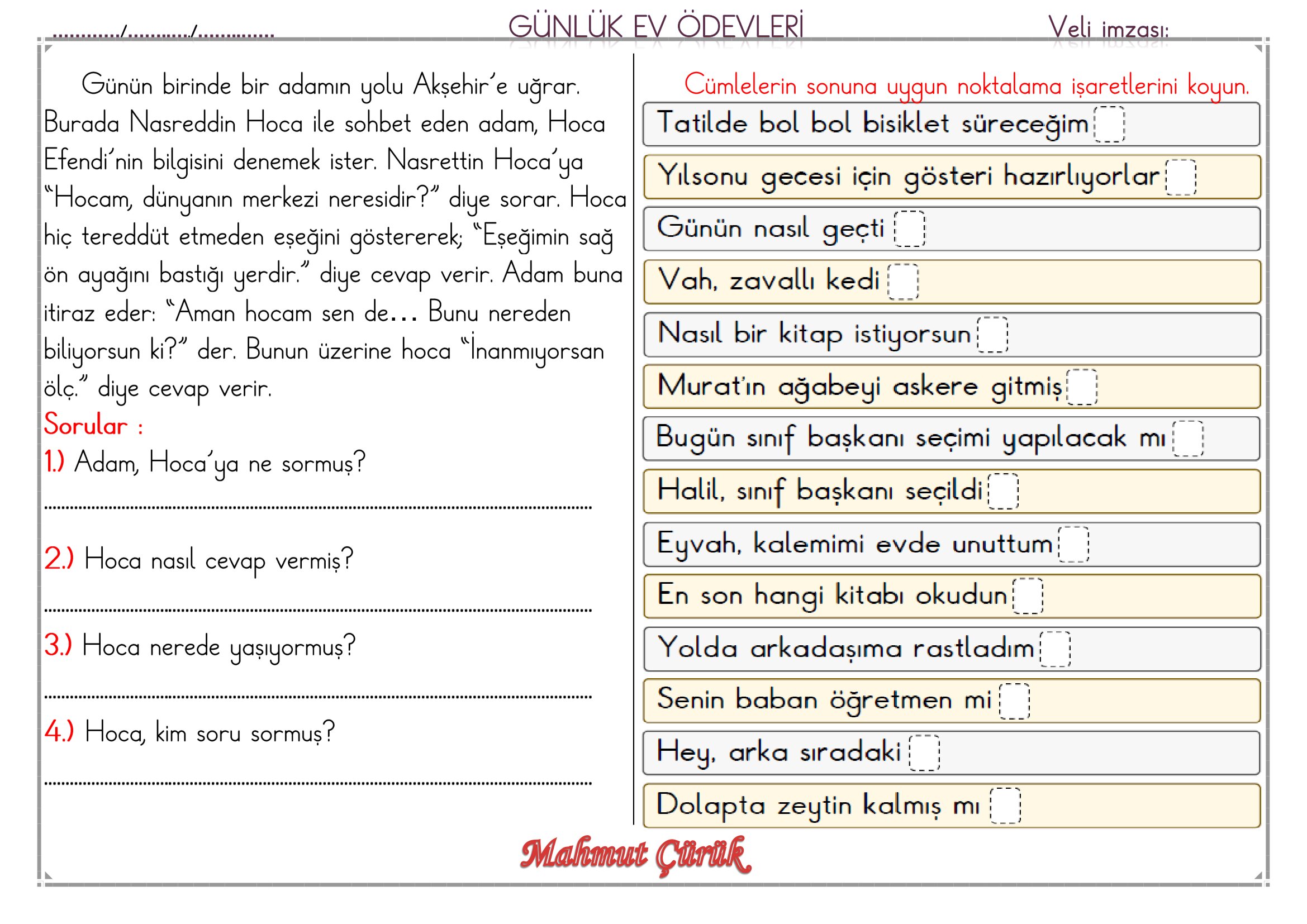 1.Sınıf - 15 Haziran 2026 Günlük Ev Ödevleri
