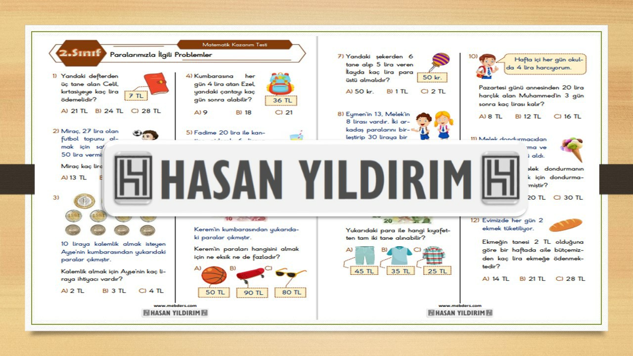 2.Sınıf Matematik Paralarımızla İlgili Problemler Testi