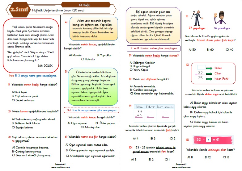 2.Sınıf Haftalık Değerlendirme Testi - 13.Hafta (12-16 Aralık)