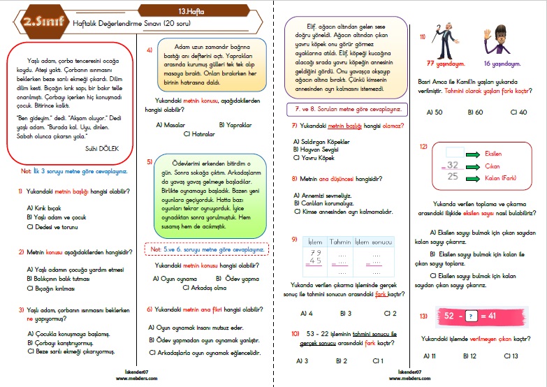 2.Sınıf Haftalık Değerlendirme Testi - 13.Hafta (12-16 Aralık)