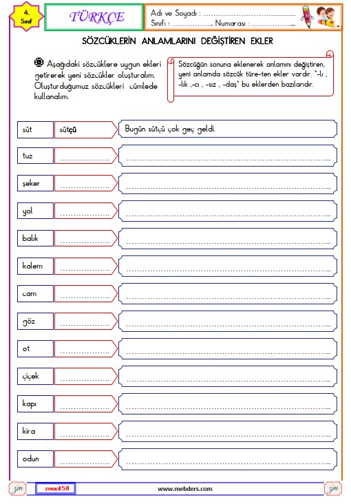 4. Sınıf Türkçe Sözcüklerin Anlamlarını Değiştiren Ekler Etkinliği 5