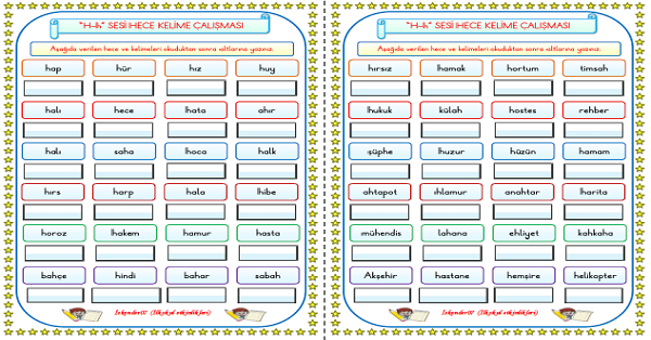 1. Sınıf İlk Okuma Yazma H-h Sesi Hece Kelime Okuma Yazma Çalışmaları