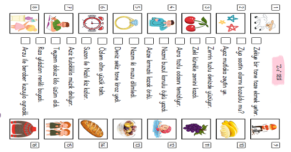 1.Sınıf İlk Okuma Yazma Z-z Sesi Oku Anla Görselle Eşleştir-16 Cümle