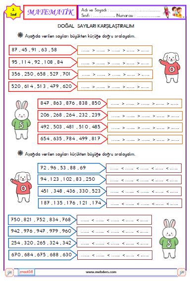 3. Sınıf Matematik Doğal Sayıları Karşılaştırma ve Sıralama Etkinliği 3