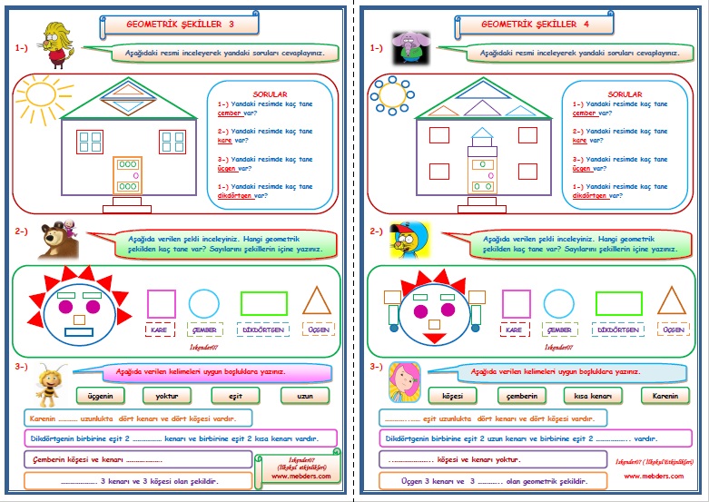 1.Sınıf Matematik Geometrik Şekiller 3-4  (2 Sayfa)