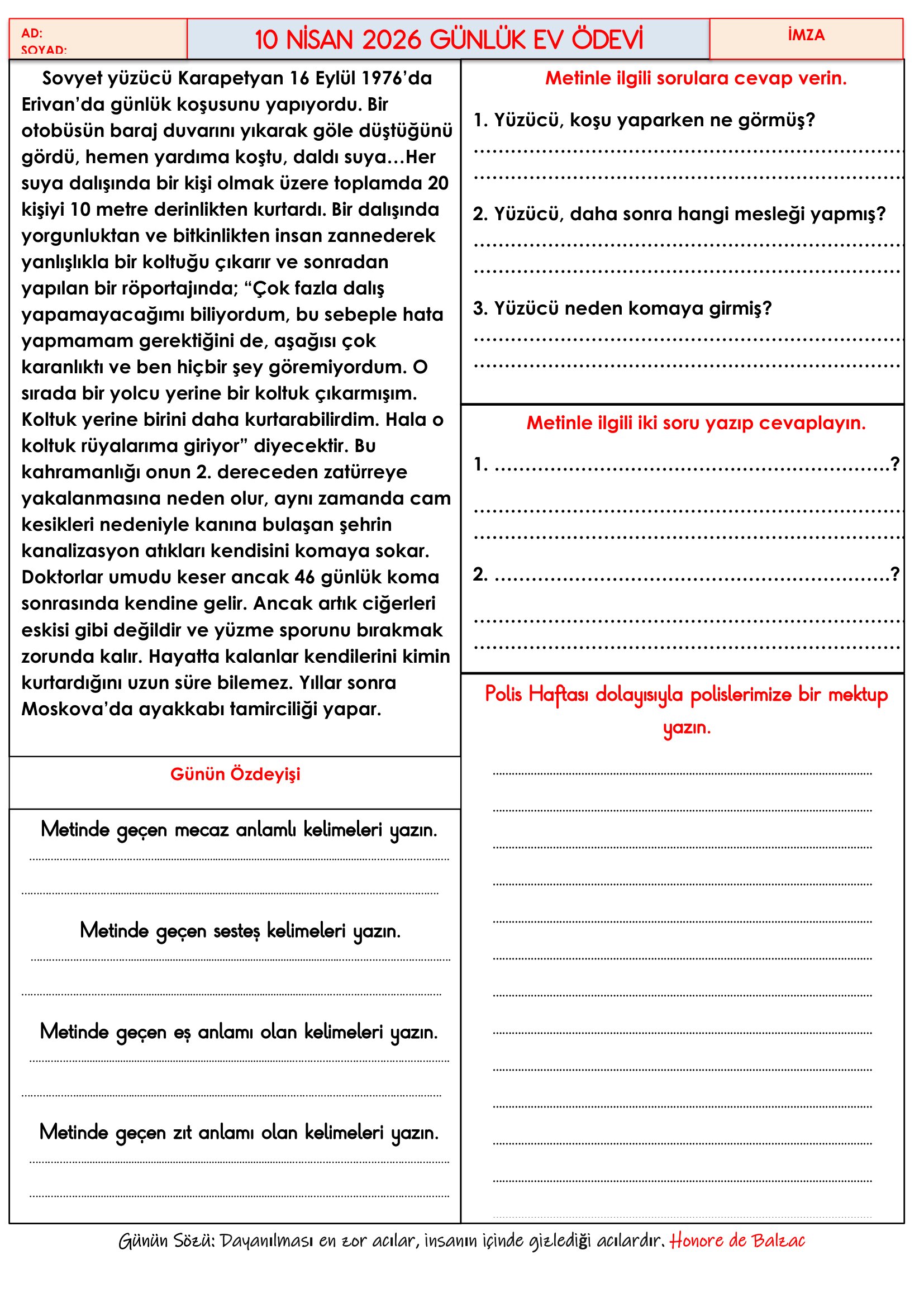 4.Sınıf - 10 Nisan 2026 Günlük Ev Ödevleri