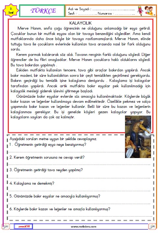 3. Sınıf Türkçe Okuma ve Anlama Metni Etkinliği (Kalaycılık)