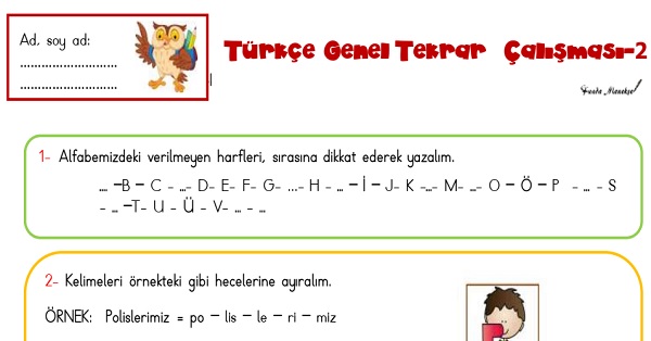 1.Sınıf Türkçe Genel Tekrar Çalışması 2