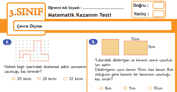 3.Sınıf Matematik Çevre Ölçme Kazanım Testi