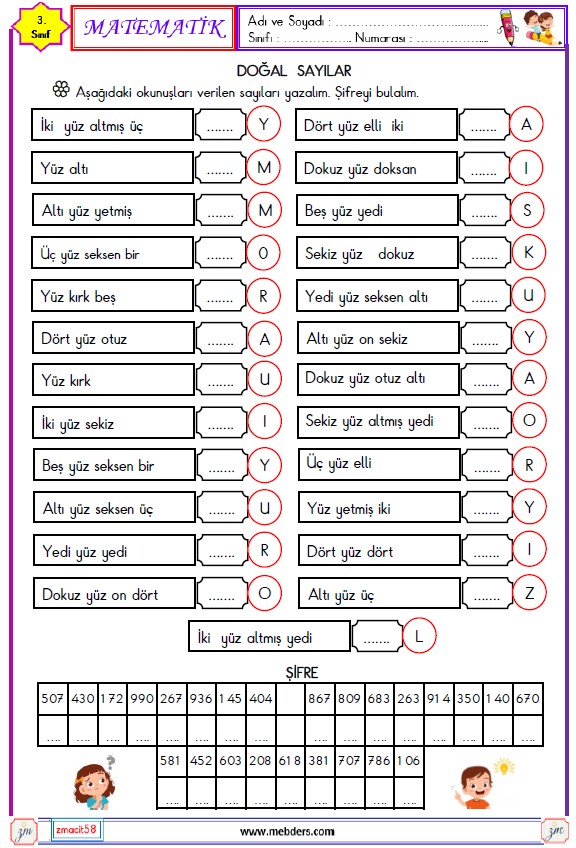 3. Sınıf Matematik Doğal Sayıları Okuma ve Yazma Etkinliği 6