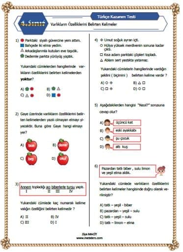 4. Sınıf Türkçe Varlıkların Özelliklerini Belirten Kelimeler Kazanım Testi