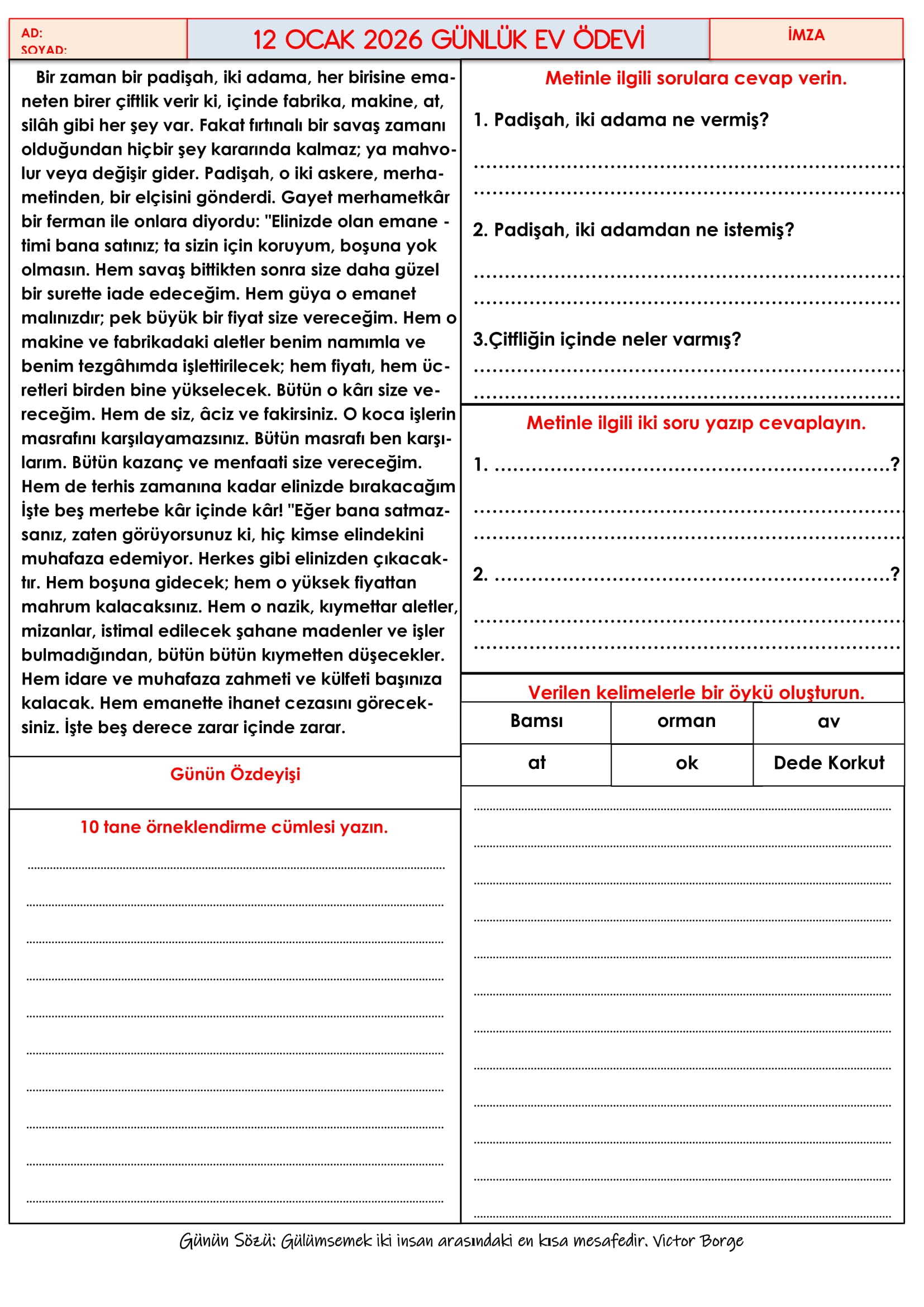 4.Sınıf - 12 Ocak 2026 Günlük Ev Ödevleri