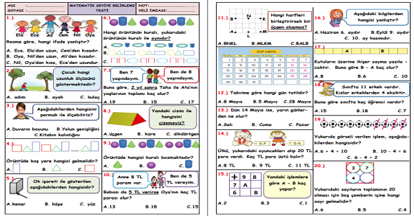 1.Sınıf -Matematik Seviye Belirleme Test-5