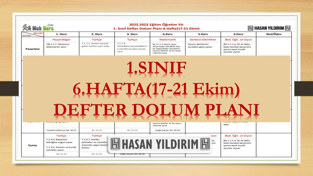 2022-2023 Eğitim Öğretim Yılı 1. Sınıf 6. Hafta (17-21 Ekim) Defter Dolum Planı