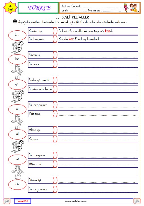 3. Sınıf Türkçe Eş Sesli Kelimeler Etkinliği