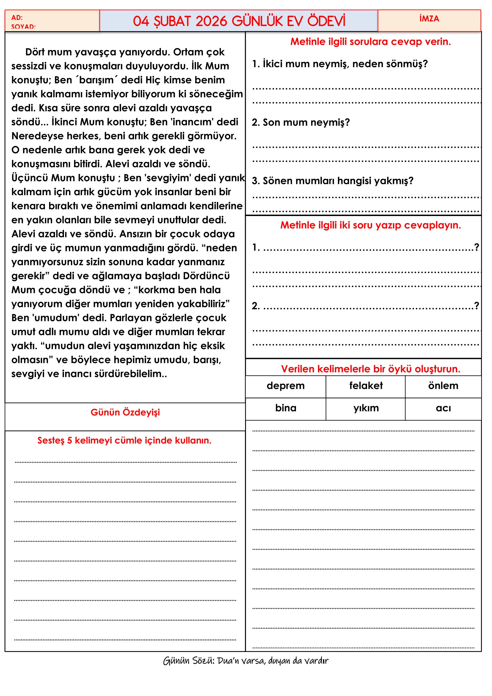 4.Sınıf - 04 Şubat 2026 Günlük Ev Ödevleri
