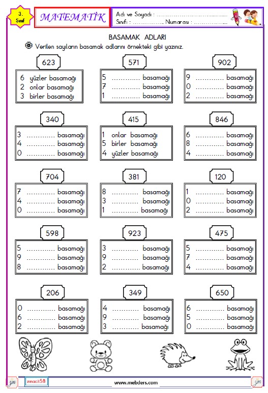 3. Sınıf Matematik Basamak Adı Etkinliği 1