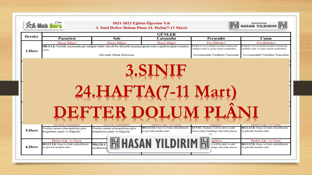 3.Sınıf 24.Hafta(7-11 Mart) Defter Dolum Planı