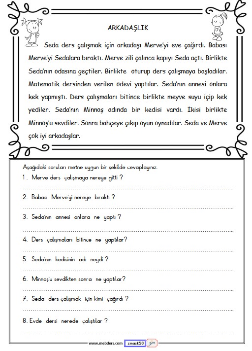 2. Sınıf Türkçe Okuma ve Anlama Metni Etkinliği (Arkadaşlık)