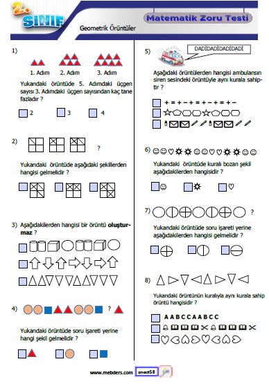 2. Sınıf Matematik Geometrik Örüntüler Kazanım Testi