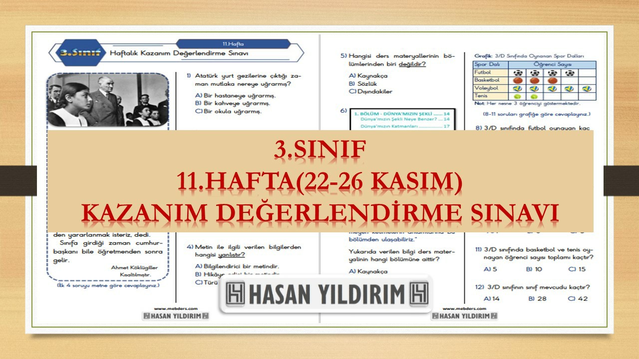 3.Sınıf Haftalık Değerlendirme Testi-11.Hafta(22-26 Kasım)