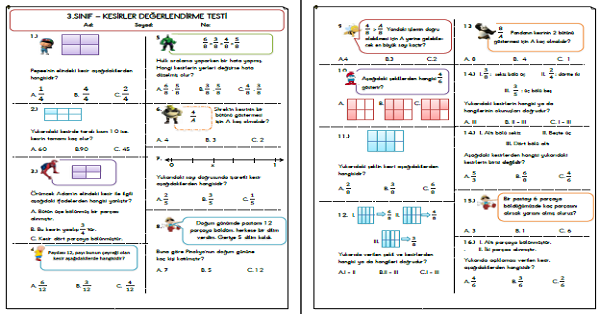 3.Sınıf - Matematik Kesirler  Değerlendirme Testi