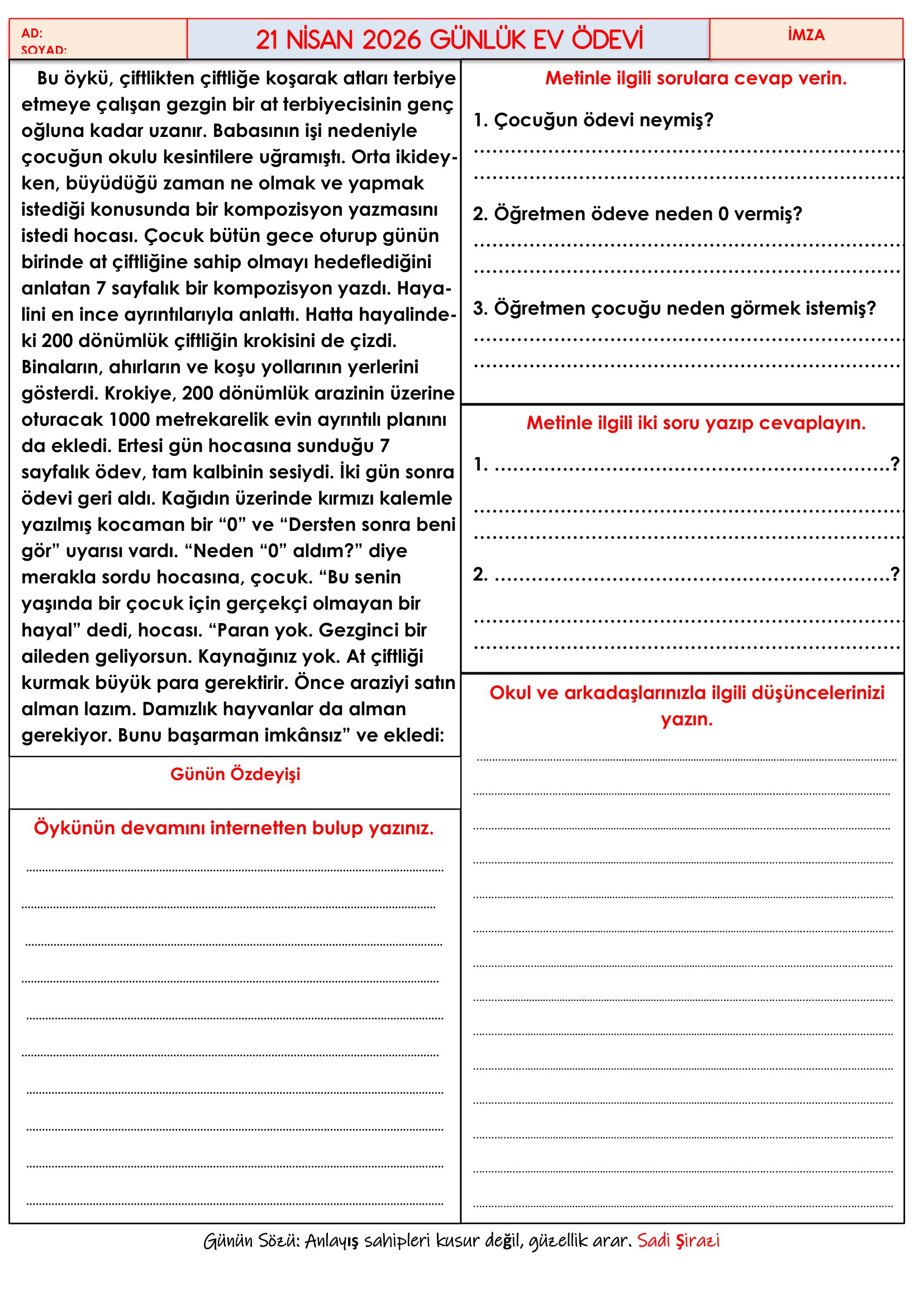 4.Sınıf - 21 Nisan 2026 Günlük Ev Ödevleri