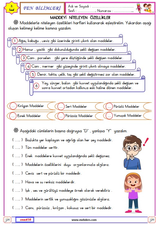 3. Sınıf Fen Bilimleri Maddeyi Niteleyen Özellikler Etkinliği 4