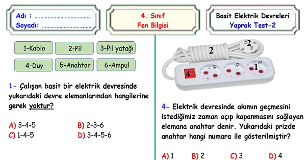 4.Fen Bilimleri Basit Elektrik Devreleri Yaprak Test 2