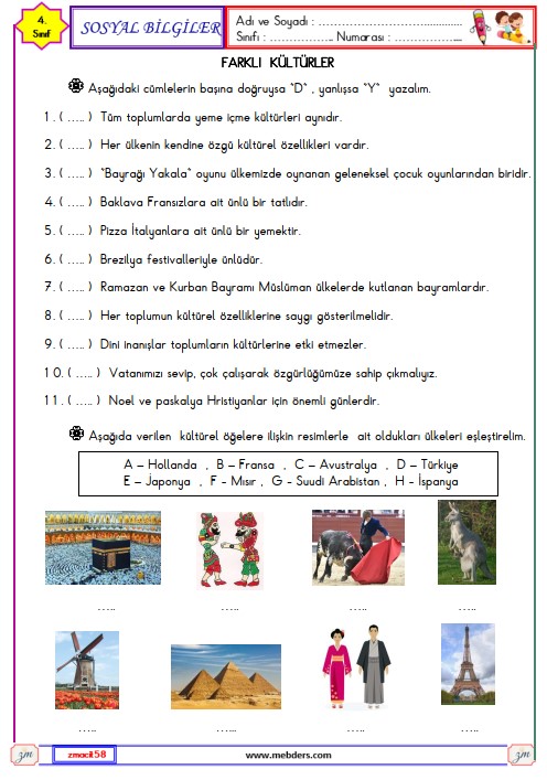 4. Sınıf Sosyal Bilgiler Farklı Kültürler Etkinliği 3