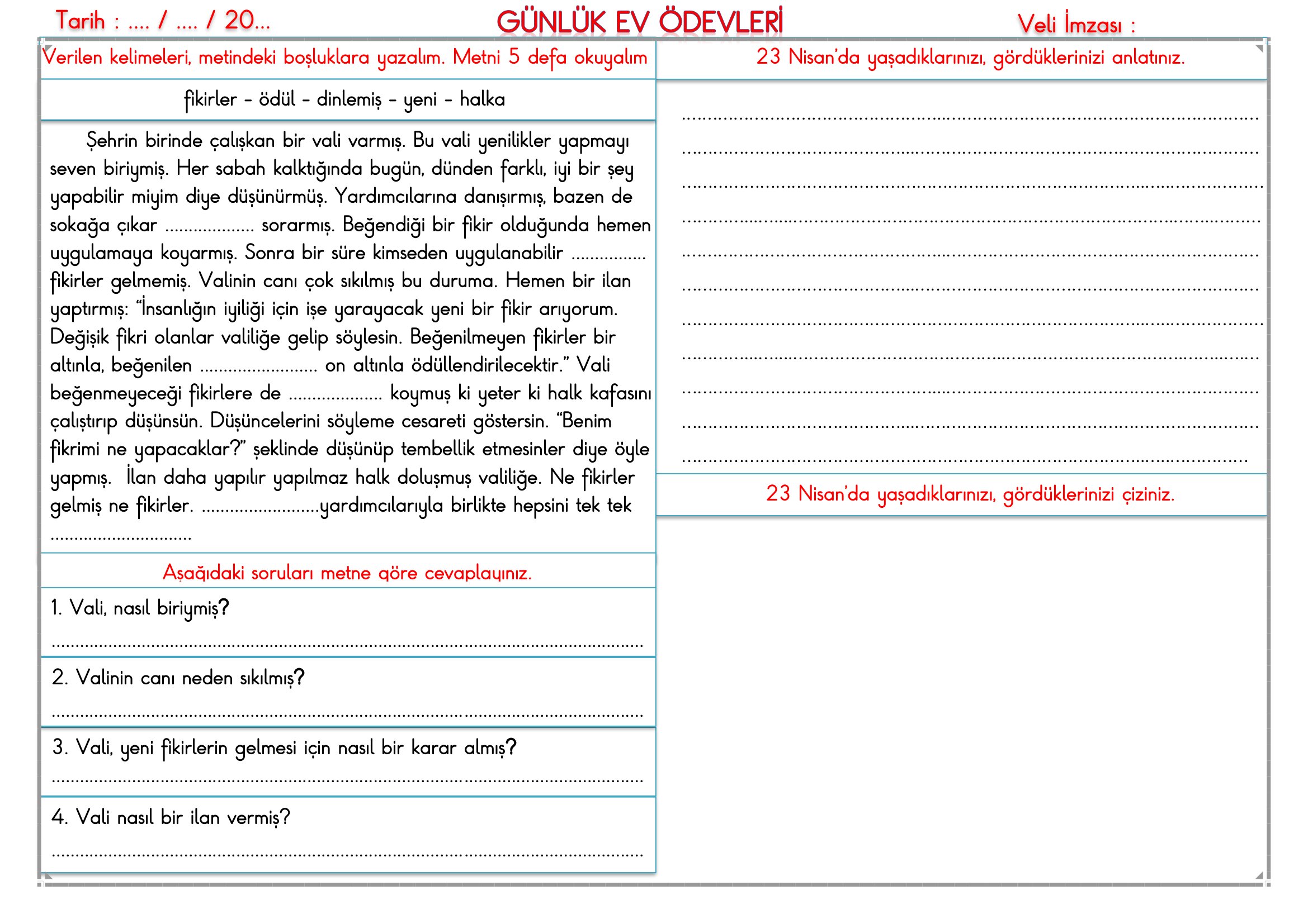 2.Sınıf - 24 Nisan 2026 Günlük Ev Ödevleri