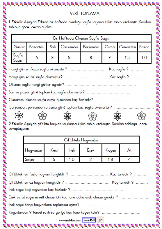 1. Sınıf Matematik Veri Toplama ve Değerlendirme Etkinliği 18