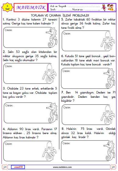 2. Sınıf Matematik Toplama ve Çıkarma İşlemi ile İlgili Problemler Etkinliği 3