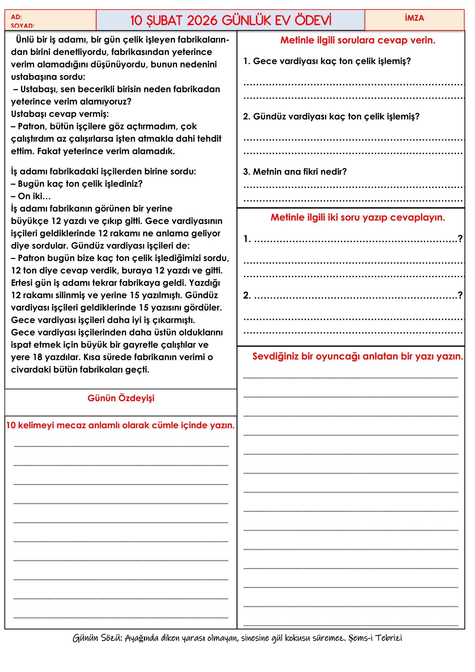 4.Sınıf - 10 Şubat 2026 Günlük Ev Ödevleri