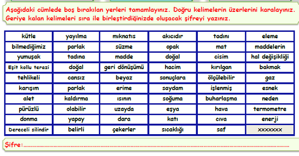 4.Sınıf Fen Bilimleri Maddenin Özellikleri Boşluk Doldurma Etkinliği