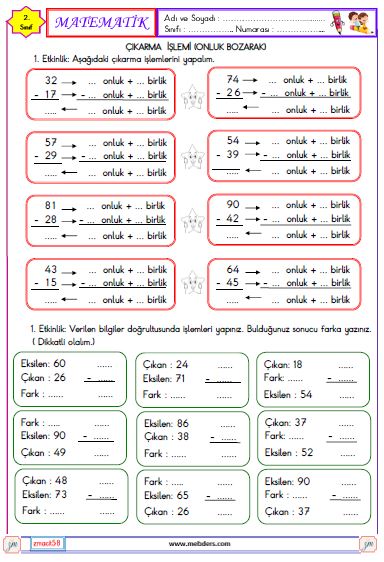 2. Sınıf Matematik Onluk Bozarak Çıkarma İşlemi Etkinliği 3