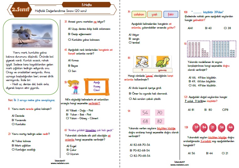 2.Sınıf Haftalık Değerlendirme Testi-5.Hafta (04-08 EKİM)