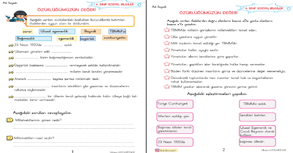 4. Sınıf Sosyal Bilgiler Özgürlüğümüzün Değeri Etkinlik Çalışmaları