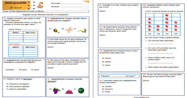 2. Sınıf Matematik 6. Ünite Değerlendirme Etkinliği 2