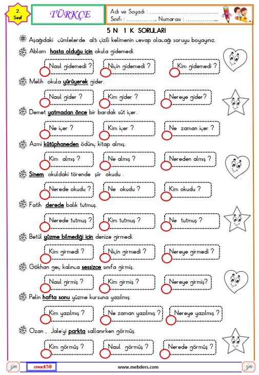 2. Sınıf Türkçe 5 N 1 K Soruları Etkinliği